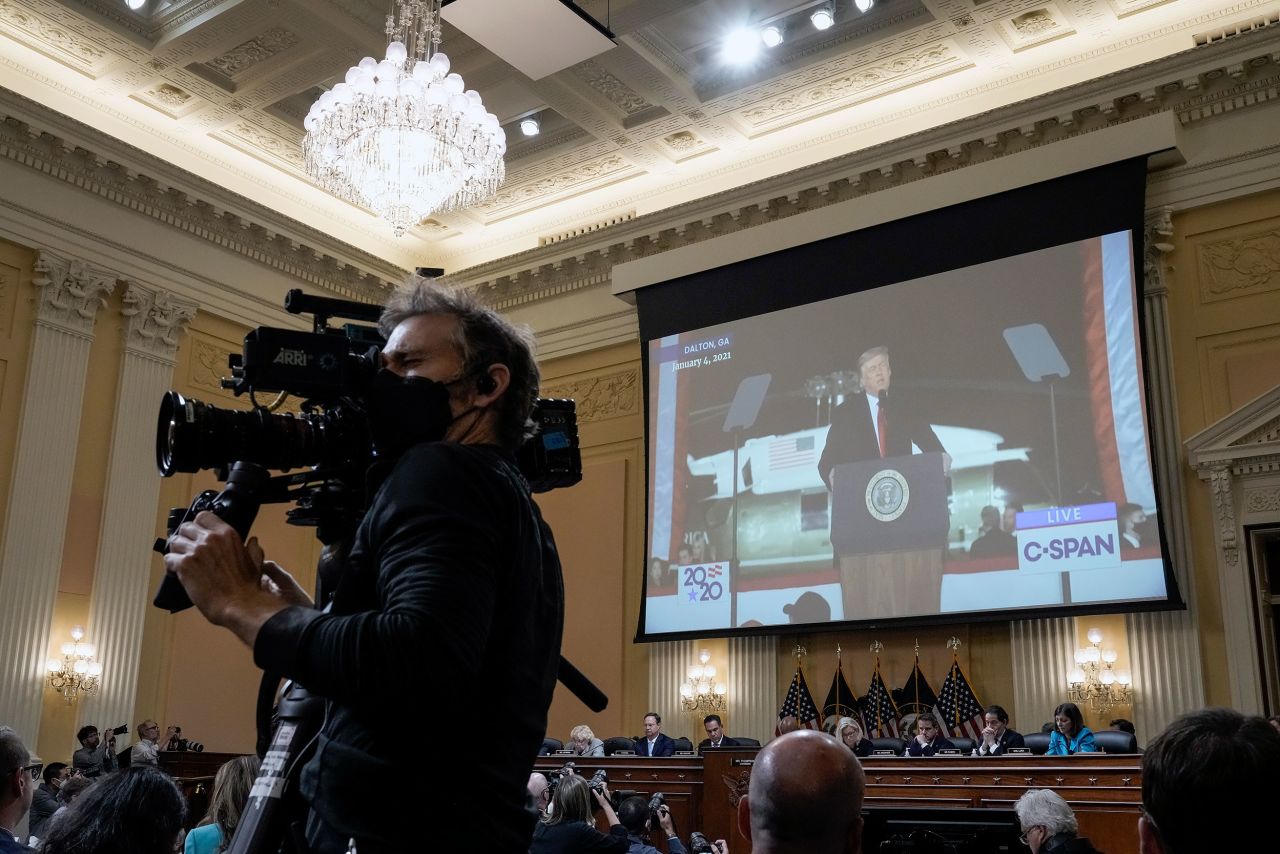 A video of Trump is played during the hearing on June 16.