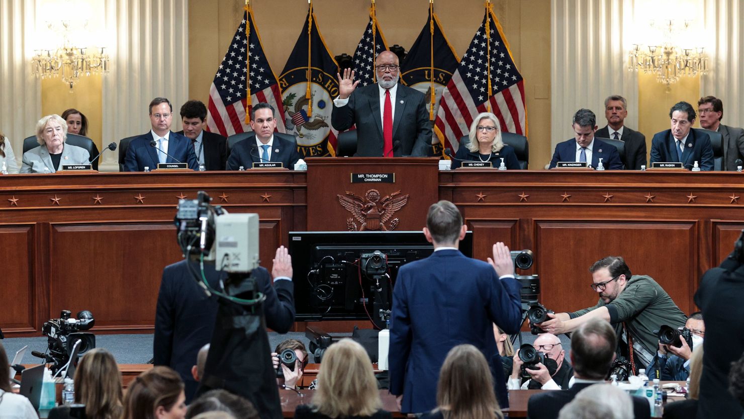 Chairman Bennie Thompson swears-in witnesses to testify as the House select committee investigating the January 6 attack on the Capitol holds a hearing earlier this month. 