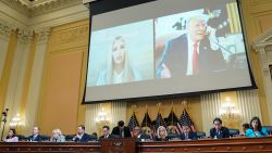 Former White House senior advisor Ivanka Trump testifies about a phone call between President Trump and Vice President Mike Pence made during a meeting she took part in inside the Oval Office on the morning of January 6, 2021 in a video displayed during the third of eight planned public hearings of the U.S. House Select Committee to investigate the January 6 Attack on the United States Capitol, on Capitol Hill in Washington, U.S. June 16, 2022. REUTERS/Sarah Silbigeran