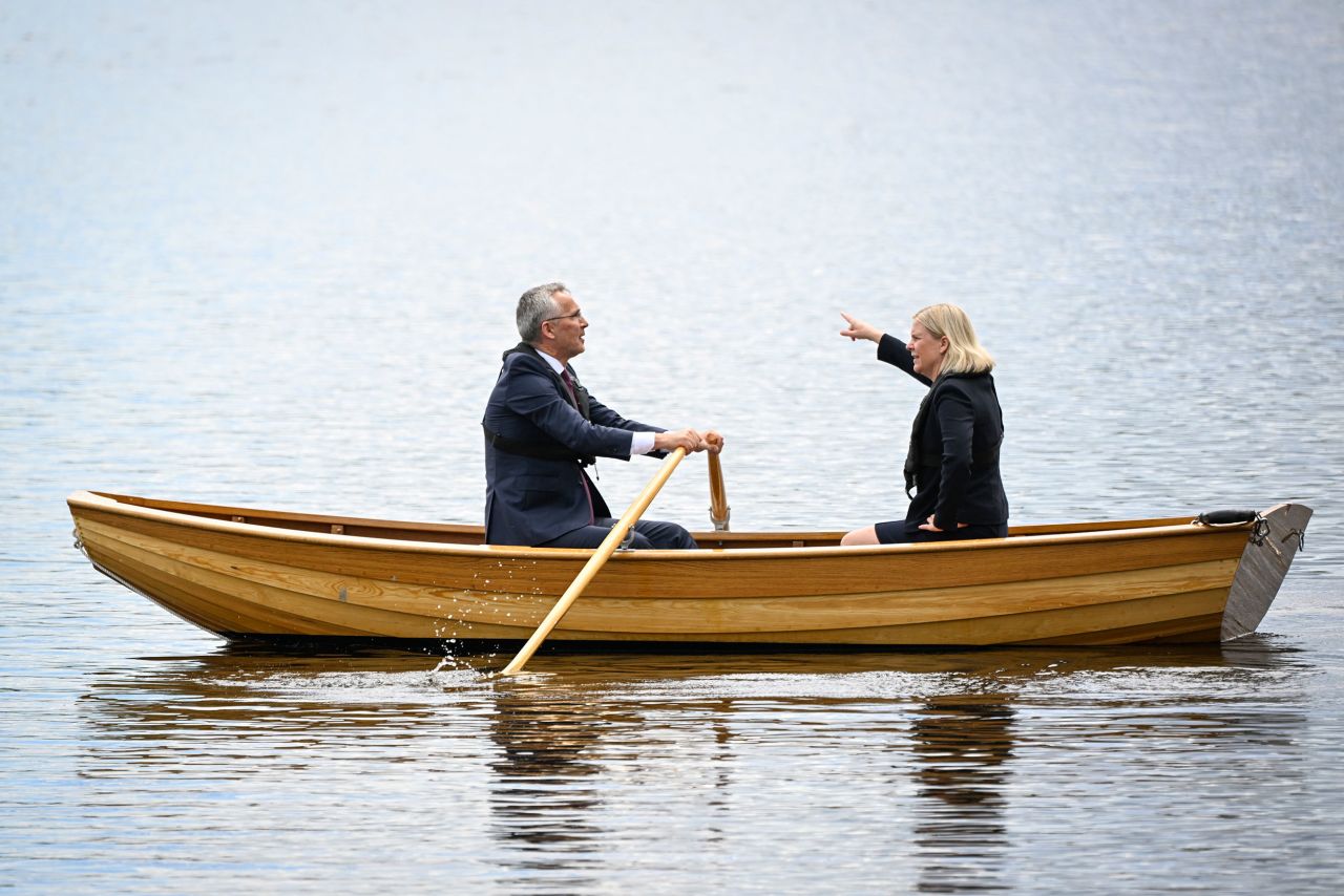NATO Secretary General Jens Stoltenberg and Swedish Prime Minister Magdalena Andersson talk on a rowboat Monday, June 13, during their meeting at Harpsund, the country retreat of Swedish prime ministers.