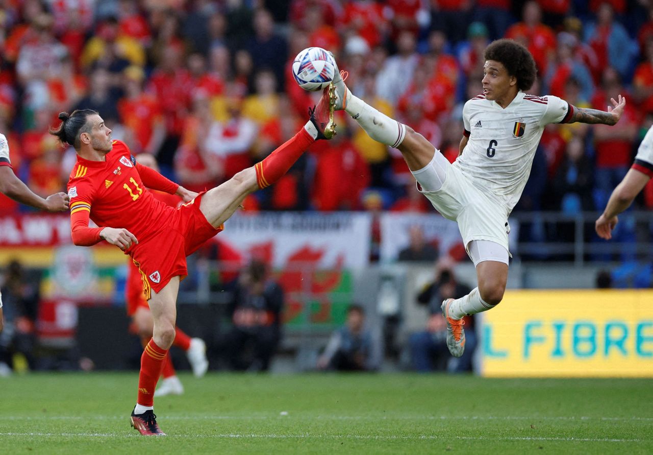 Welsh footballer Gareth Bale, left, competes against Belgium's Alex Witsel during a Nations League match in Cardiff, Wales, on Saturday, June 11.