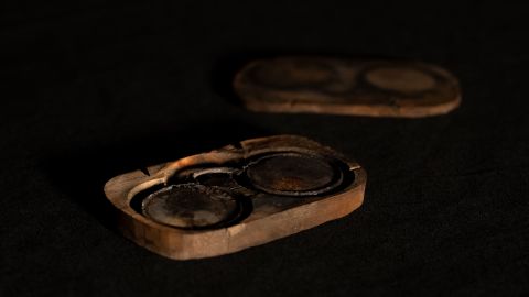 Glasses recovered from the wreck appear in their original case. 