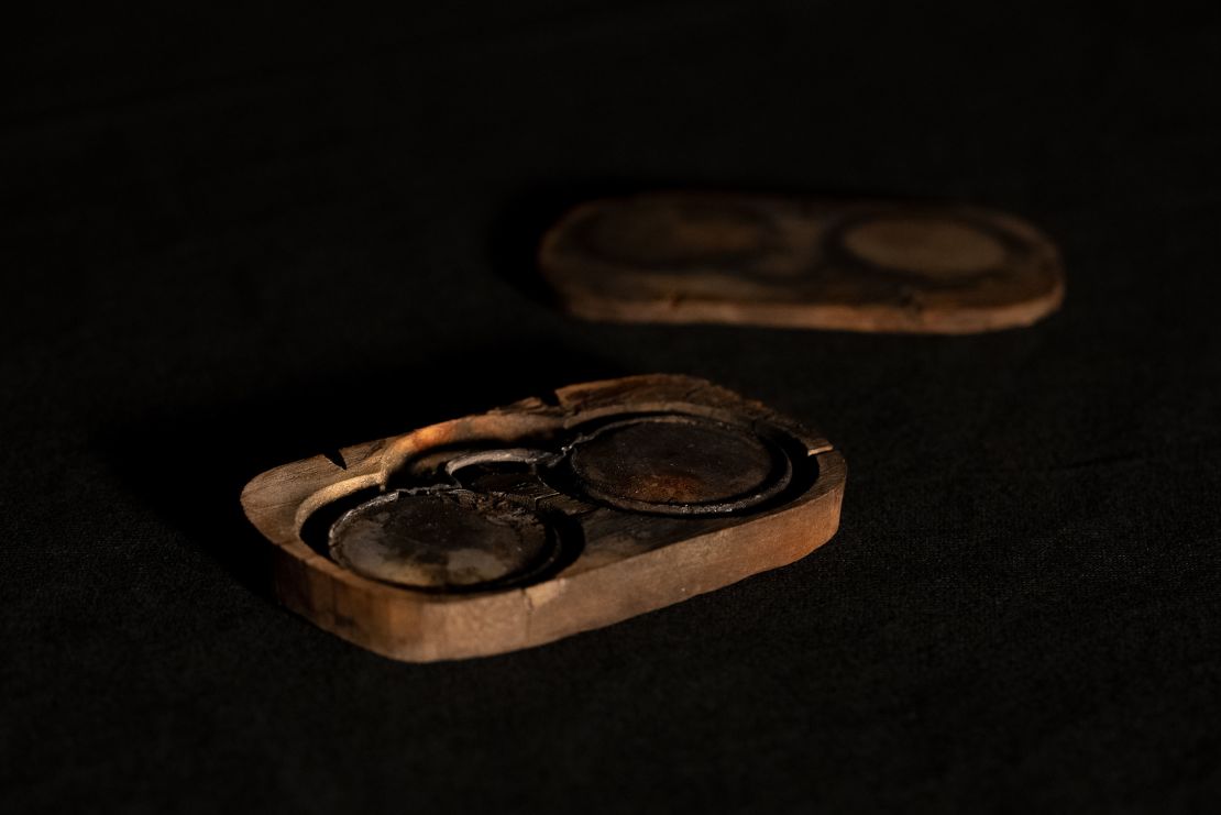 Glasses recovered from the wreck appear in their original case.
