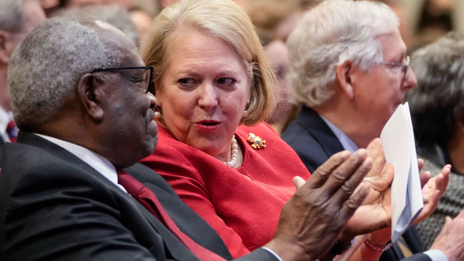 Conservative activist Virginia Thomas sits with her husband, Supreme Court Justice Clarence Thomas, at the Heritage Foundation on October 21, 2021, in Washington, DC. 