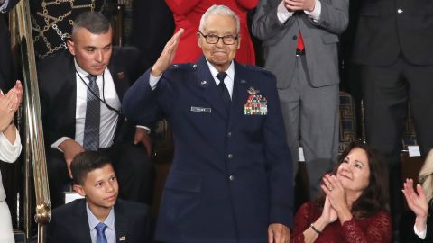 Charles McGee, who served with the Tuskagee Airmen, salutes during the State of the Union address on February 4, 2020, at President Donald Trump's State of the Union Address.