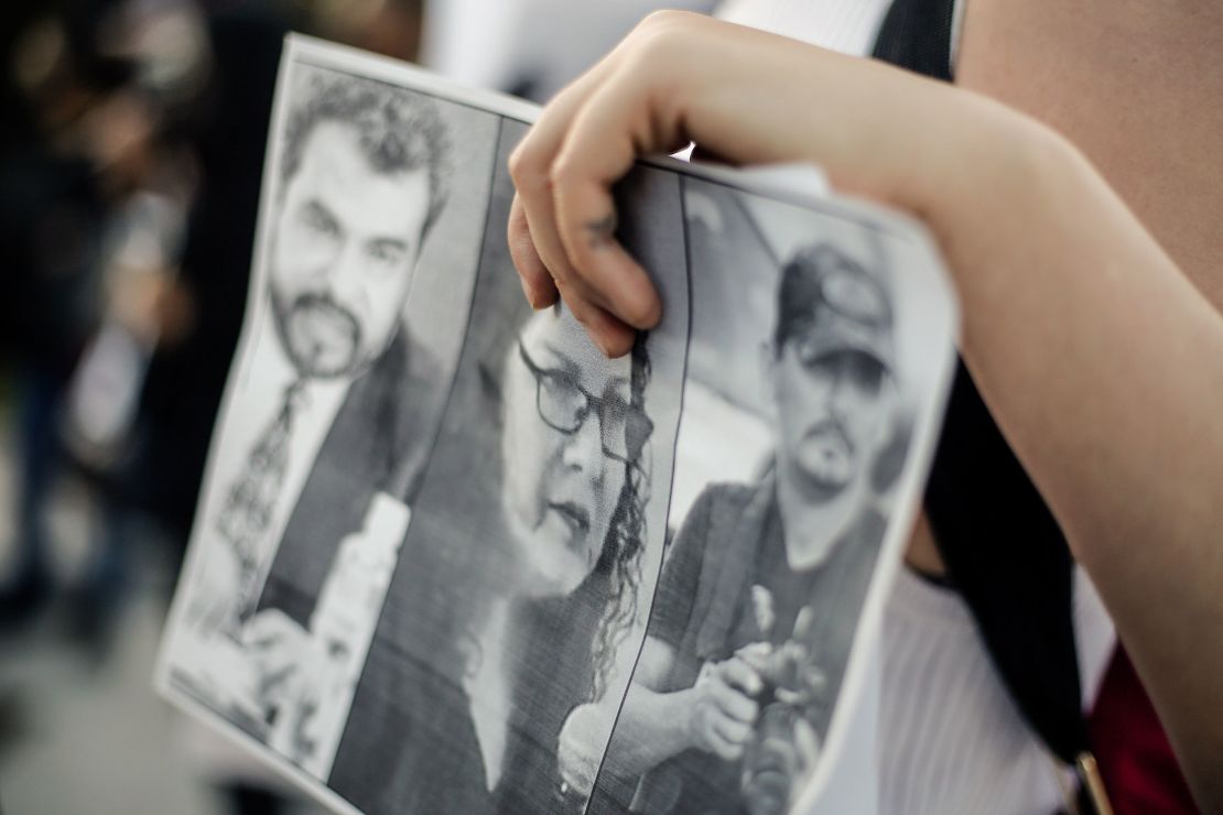 A protester demonstrates against the killings of three journalists -- Jose Luis Arenas, Margarito Martinez and Lourdes Maldonado --  in January.