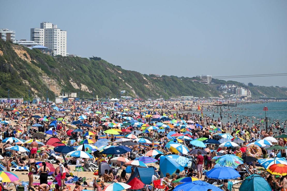 A crowded beach in Bournemouth on June 17 as Britain was hit with sweltering temperatures. 