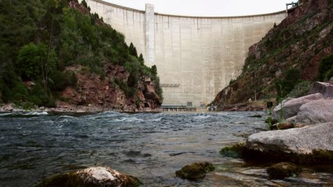 A view of the Flaming Gorge Dam from downstream on the Green River in northeast Utah.