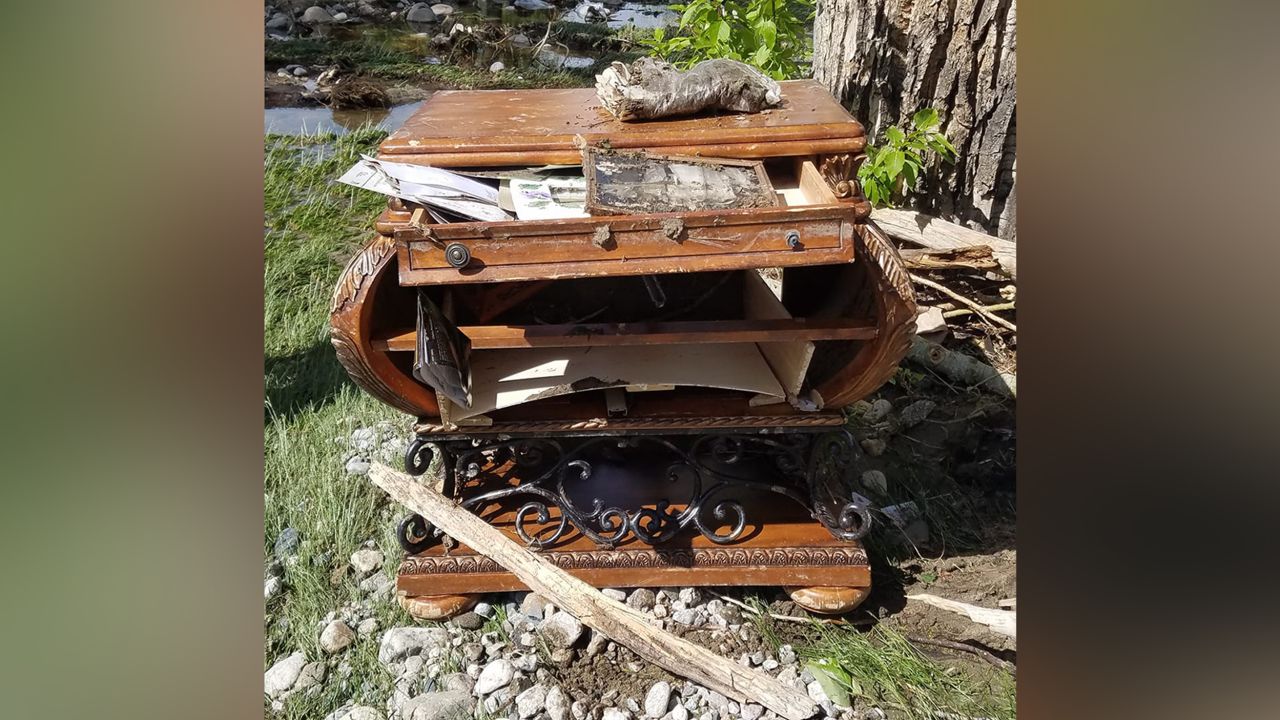 Milt and Kathy Bastian's dresser floated out of their home and down the street to a local park during the flooding in Red Lodge, Montana.