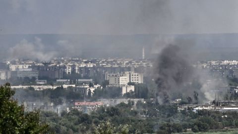 Smoke and dirt rise from the city of Severodonetsk on June 17. 