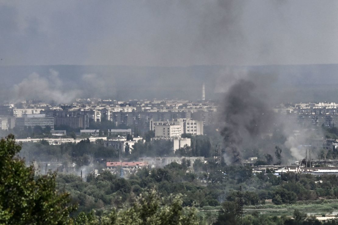 Smoke and dirt rise from the city of Severodonetsk on June 17. 