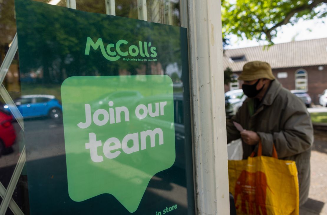 A recruitment sign in the window of a store in Birmingham, UK.