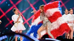 Emme Maribel Muñiz and Jennifer Lopez perform onstage during the Pepsi Super Bowl LIV Halftime Show at Hard Rock Stadium on February 02, 2020 in Miami, Florida.  (Photo by Kevin Mazur/WireImage)