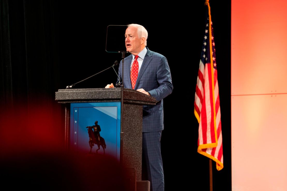 Sen. John Cornyn speaks to delegates during the Republican Party of Texas Convention in Houston on Friday.
