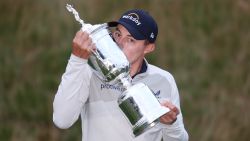  Matt Fitzpatrick of England kisses the U.S. Open Championship trophy after winning during the final round of the 122nd U.S. Open Championship at The Country Club on June 19, 2022 in Brookline, Massachusetts. (Photo by Warren Little/Getty Images)