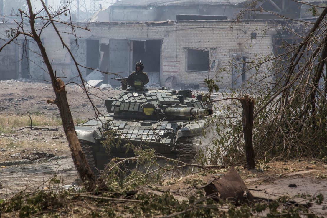 A Ukrainian tank is in position during heavy fighting on the front line in Severodonetsk on June 8.