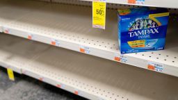 A box of Tampax Pearl tampons are seen on a shelf at a store in Washington, DC, on June 14, 2022. 