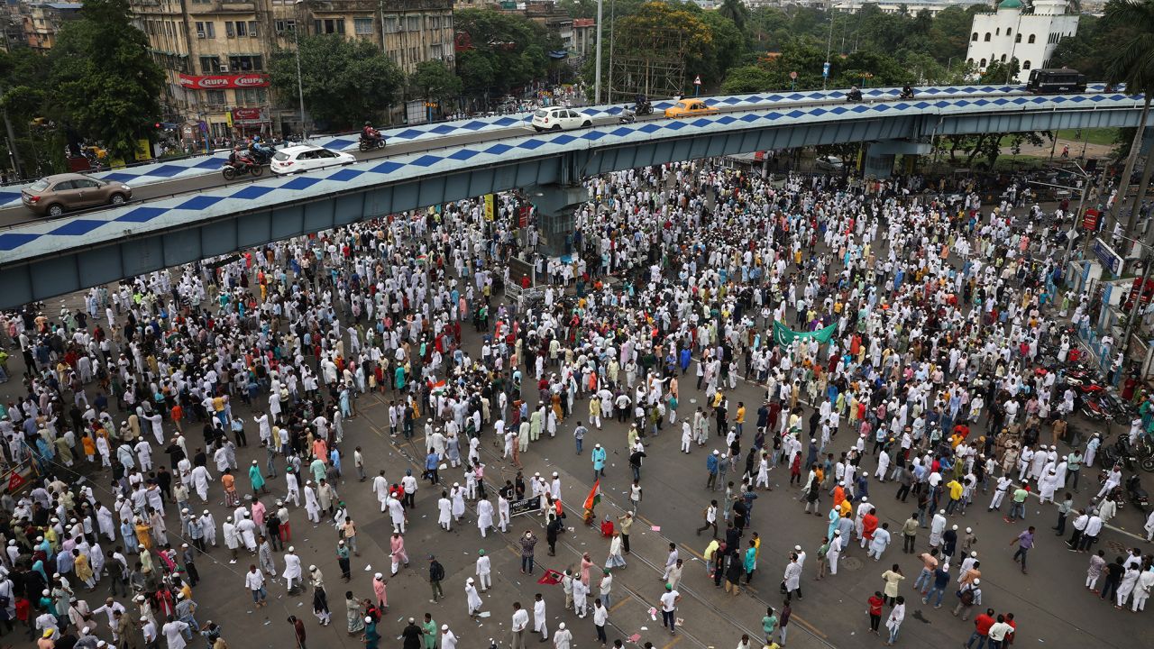 Muslim demonstrators at a protest demanding the arrest of Bharatiya Janata Party (BJP) official Nupur Sharma following her comments about the Prophet Mohammed, in Kolkata on June 10. 