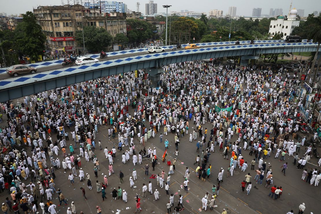 Muslim demonstrators at a protest demanding the arrest of Bharatiya Janata Party (BJP) official Nupur Sharma following her comments about the Prophet Mohammed, in Kolkata on June 10.