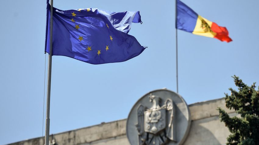 The EU flag waves close to the Moldovan Parliament building in Chisinau on July 9, 2021. - Voters in Moldova head to the polls on July 11, 2021 in a snap parliamentary election called by new President Maia Sandu to strengthen her position against pro-Russia forces. (Photo by Sergei GAPON / AFP) (Photo by SERGEI GAPON/AFP via Getty Images)