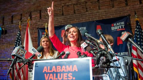 Republican Senate candidate Katie Britt speaks during an election night watch event in Montgomery, Alabama, on May 24, 2022. 