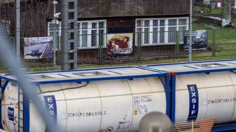 Photographs from Russia's war in Ukraine displayed along the railway station where trains from Moscow to Kaliningrad pass, as part of a protest by Lithuanians against the invasion.