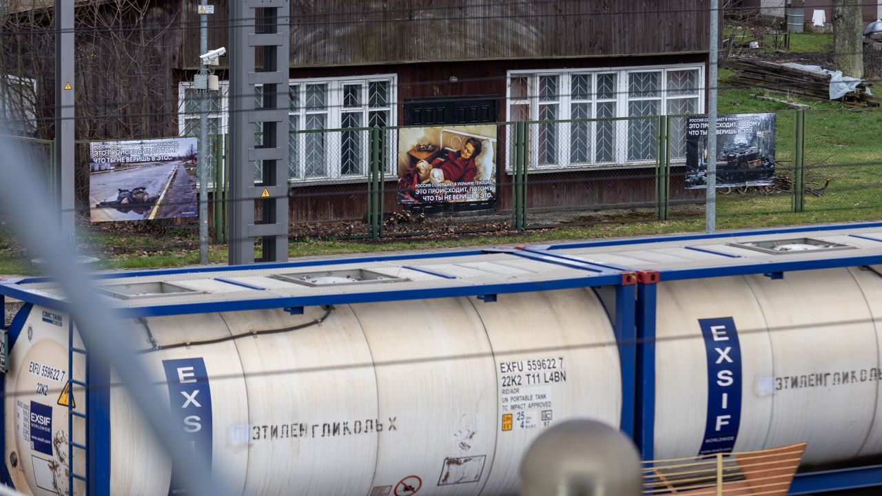 Photographs of Russia's war in Ukraine displayed along the railway station where trains from Moscow to Kaliningrad pass by, as part of a protest by Lithuanians against the invasion.