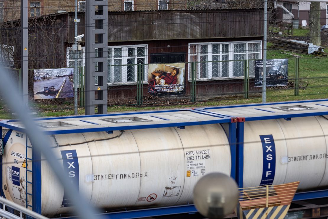Photographs of Russia's war in Ukraine displayed along the railway station where trains from Moscow to Kaliningrad pass by, as part of a protest by Lithuanians against the invasion.
