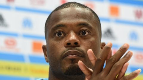 Marseille's French defender Patrice Evra holds a press conference at the Velodrome Stadium in Marseille, southeastern France, on August 23, 2017 on the eve of the UEFA Europa League play-off football match between Marseille and NK Domzale. (Photo by BORIS HORVAT / AFP) (Photo by BORIS HORVAT/AFP via Getty Images)