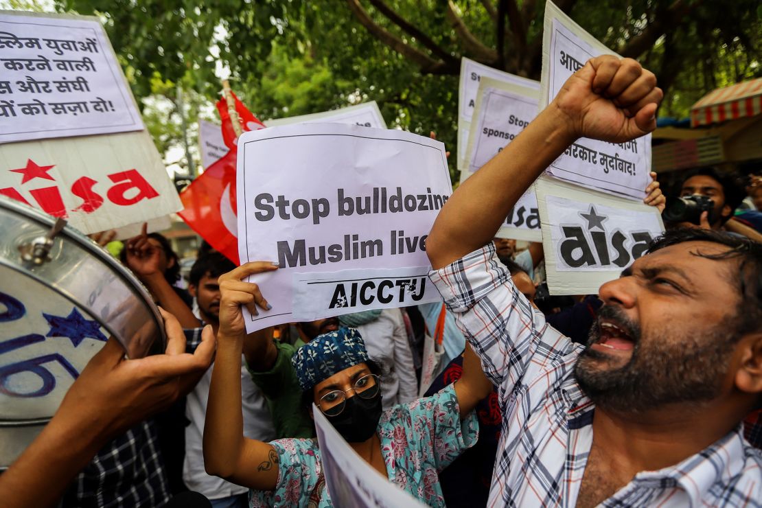A demonstration against the state government demolition of the house of a local Muslim leader in Prayagraj on June 13. The demolition followed clashes after controversial remarks made by two BJP officials about the Prophet Mohammed. 