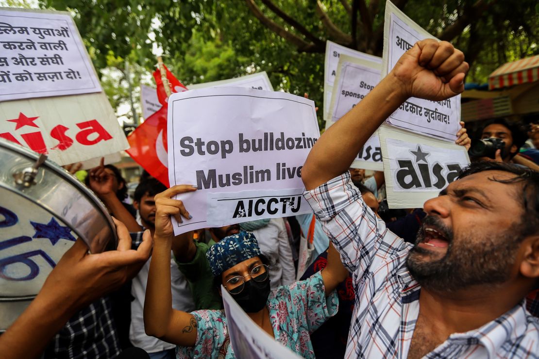 A demonstration against the state government demolition of the house of a local Muslim leader in Prayagraj on June 13. The demolition followed clashes after controversial remarks made by two BJP officials about the Prophet Mohammed.