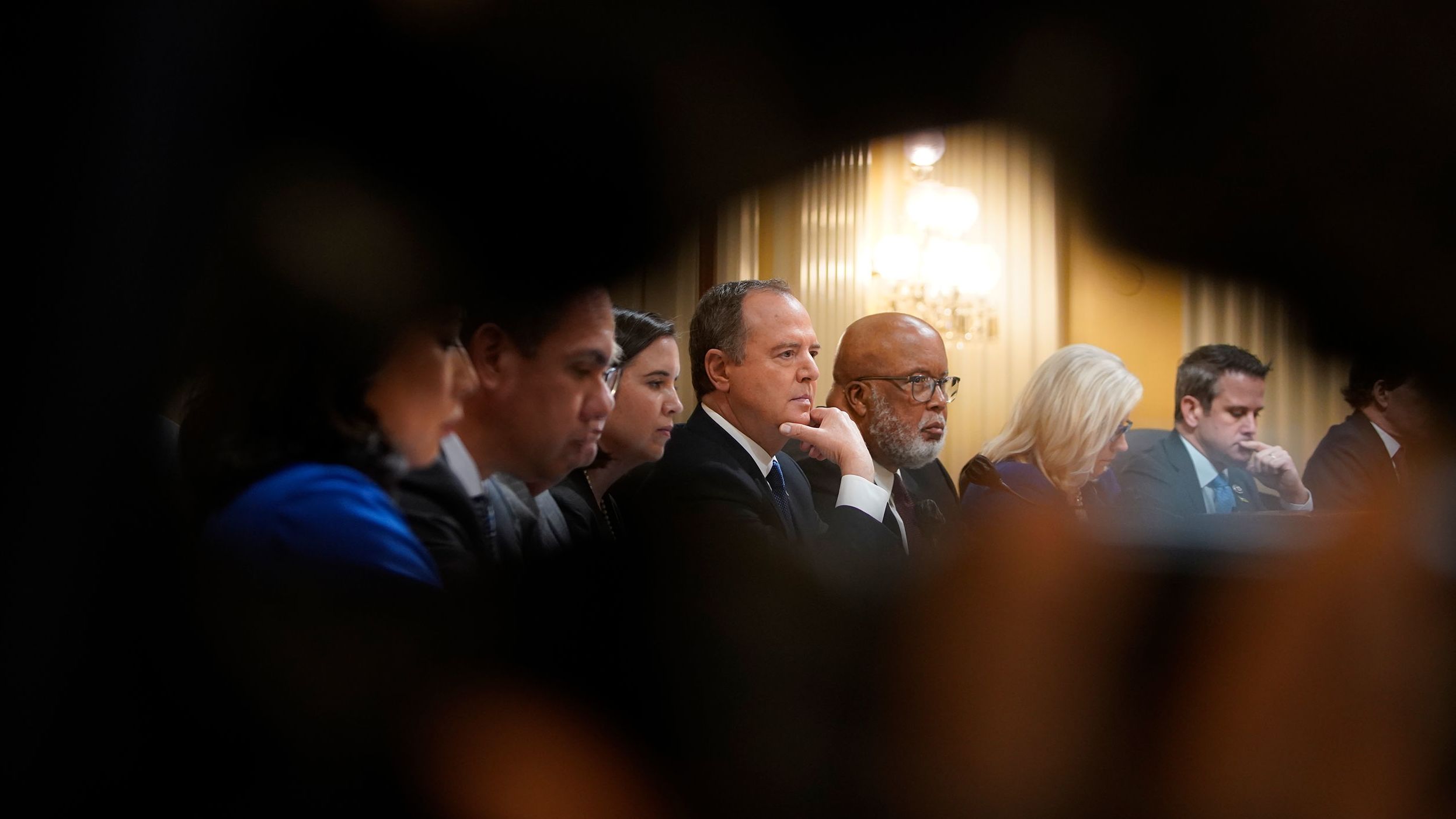 US Rep. Adam Schiff, a Democrat from California, is seen at center with his hand on his chin during the June 21 hearing. <a href="index.php?page=&url=https%3A%2F%2Fwww.cnn.com%2Fpolitics%2Flive-news%2Fjanuary-6-hearings-june-21%2Fh_7553a8b338ef39a835f7d4d25801c479" target="_blank">Schiff played a lead role in the hearing.</a>