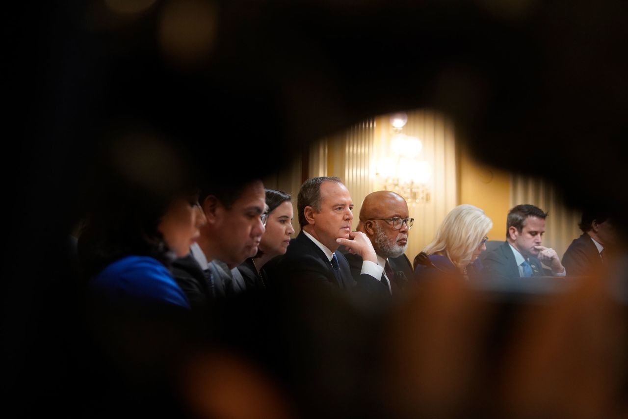 US Rep. Adam Schiff, a Democrat from California, is seen at center with his hand on his chin during the June 21 hearing. <a href="https://www.cnn.com/politics/live-news/january-6-hearings-june-21/h_7553a8b338ef39a835f7d4d25801c479" target="_blank">Schiff played a lead role in the hearing.</a>