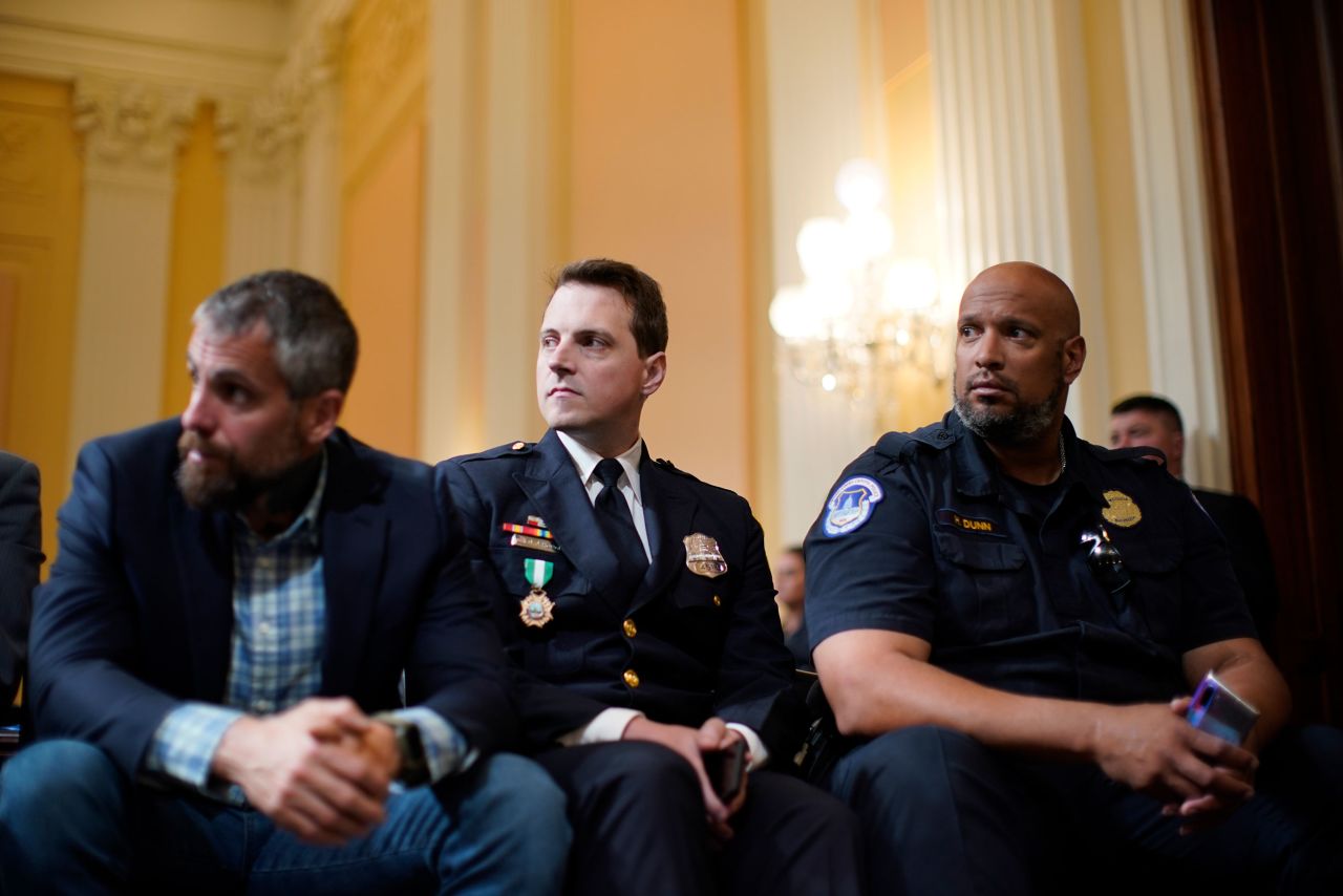 From left, former Metropolitan Police Department officer Michael Fanone, Metropolitan Police Department officer Daniel Hodges and Capitol Police officer Harry Dunn attend the hearing on June 21. They helped defend the Capitol during the attack.
