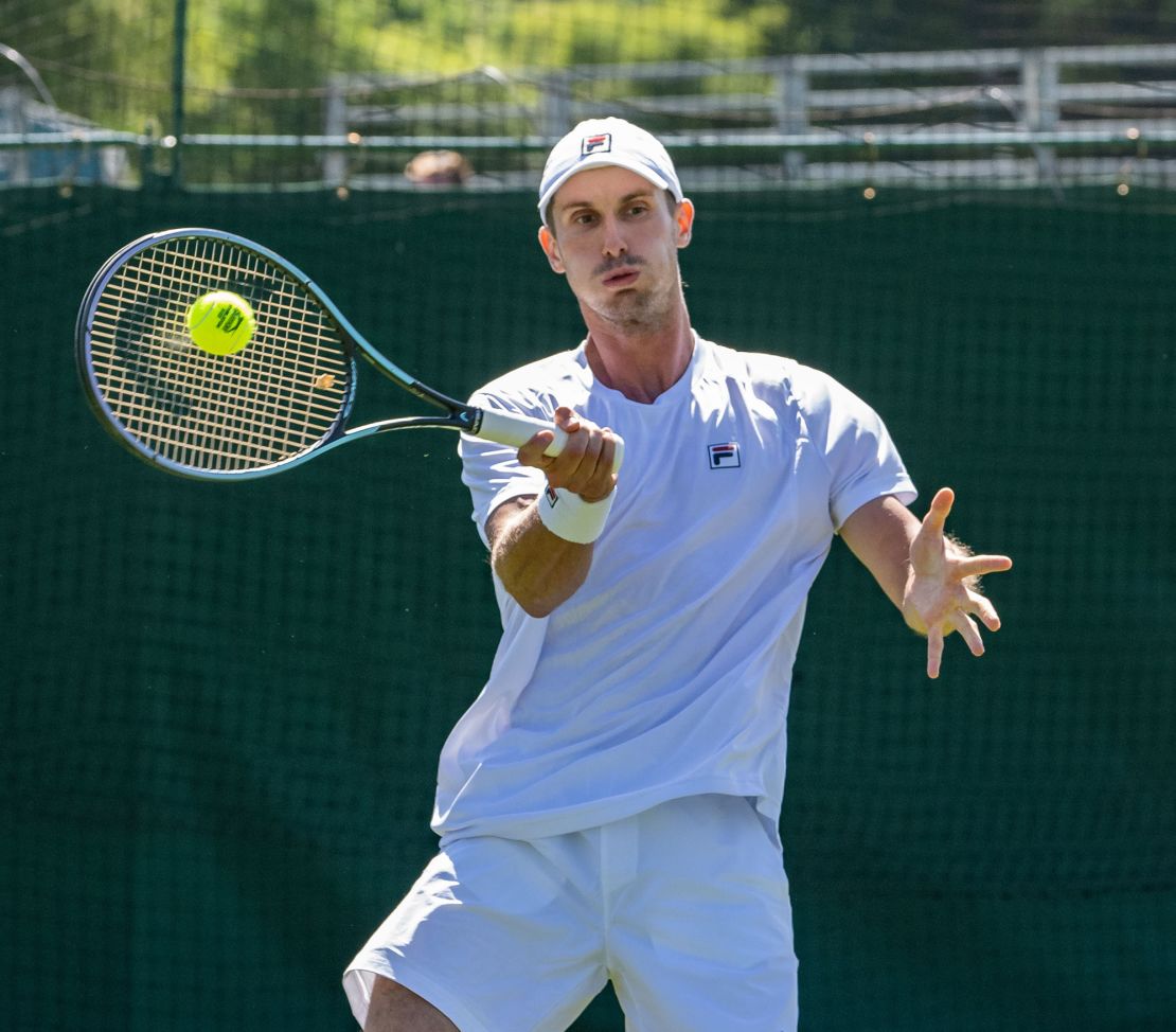 Ritschard plays a forehand during the first round of Wimbledon qualifying.