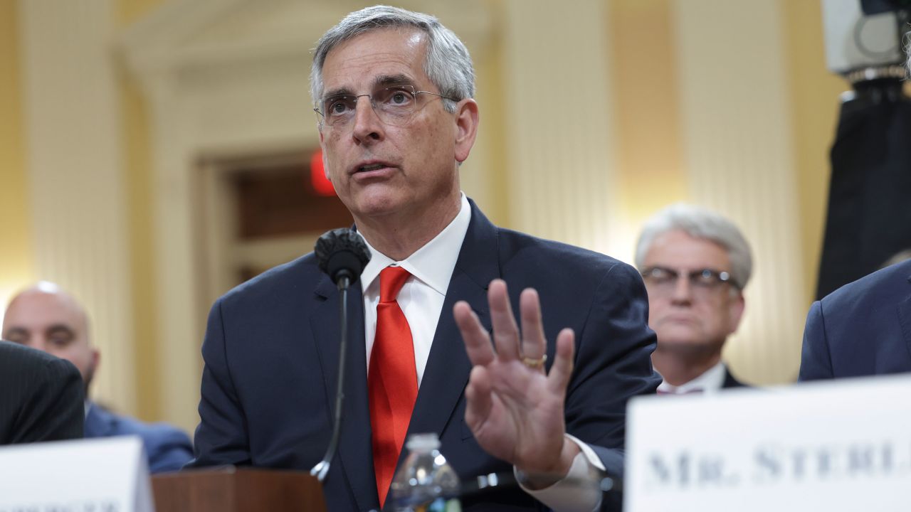 WASHINGTON, DC - JUNE 21: Brad Raffensperger, Georgia Secretary of State, testifies during the fourth hearing on the January 6th investigation in the Cannon House Office Building on June 21, 2022 in Washington, DC. The bipartisan committee, which has been gathering evidence for almost a year related to the January 6 attack at the U.S. Capitol, is presenting its findings in a series of televised hearings. On January 6, 2021, supporters of former President Donald Trump attacked the U.S. Capitol Building during an attempt to disrupt a congressional vote to confirm the electoral college win for President Joe Biden. (Photo by Kevin Dietsch/Getty Images)