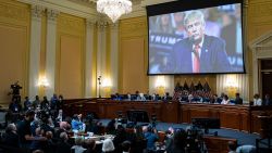 WASHINGTON, DC - JUNE 21:  Former U.S. President Donald Trump is displayed on a screen during the fourth hearing on the January 6th investigation in the Cannon House Office Building on June 21, 2022 in Washington, DC. The bipartisan committee, which has been gathering evidence for almost a year related to the January 6 attack at the U.S. Capitol, is presenting its findings in a series of televised hearings. On January 6, 2021, supporters of former President Donald Trump attacked the U.S. Capitol Building during an attempt to disrupt a congressional vote to confirm the electoral college win for President Joe Biden. (Photo by Al Drago-Pool/Getty Images)