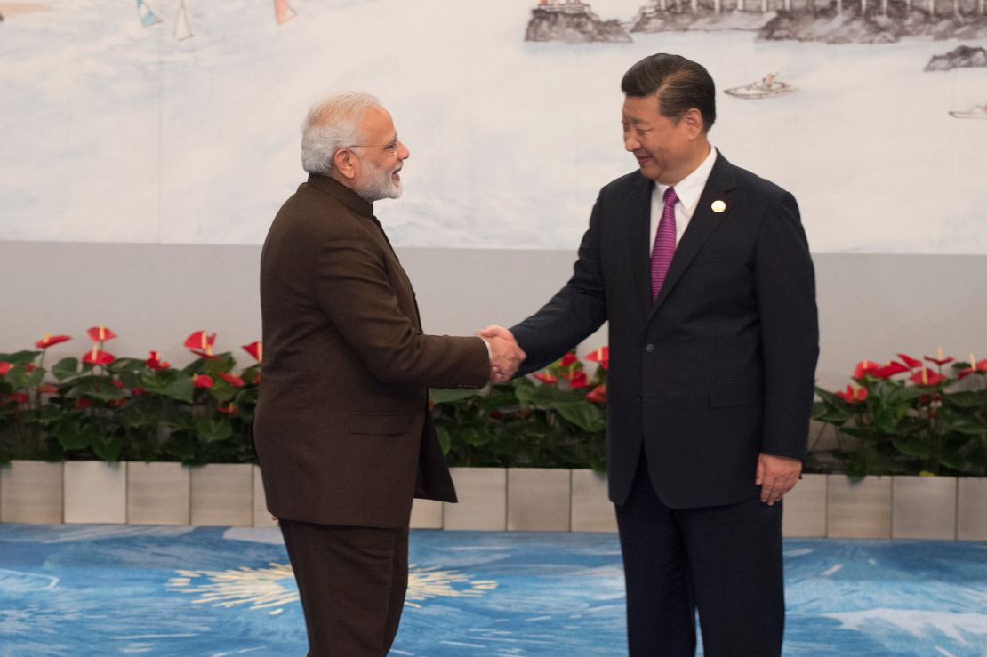 Chinese President Xi Jinping welcomes Indian Prime Minister Narendra Modi for a banquet dinner during the BRICS Summit in Xiamen, Fujian province in September 2017. The meeting followed a months-long standoff between the countries' troops in the Himalayas.