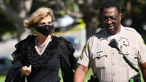 Judy Huth (left) arrives outside the courthouse for the start of her civil trial against actor Bill Cosby, on June 1, 2022 at Los Angeles Superior Court in Santa Monica, California.