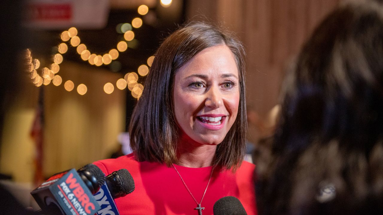 Katie Britt, US Republican Senate candidate for Alabama, speaks with members of the media during an election night watch event in Montgomery, Alabama, US, on Tuesday, May 24, 2022.