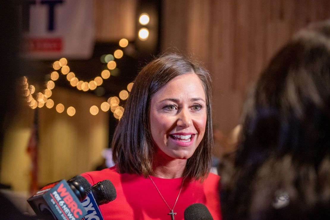 Katie Britt, US Republican Senate candidate for Alabama, speaks with members of the media during an election night watch event in Montgomery, Alabama, US, on Tuesday, May 24, 2022.