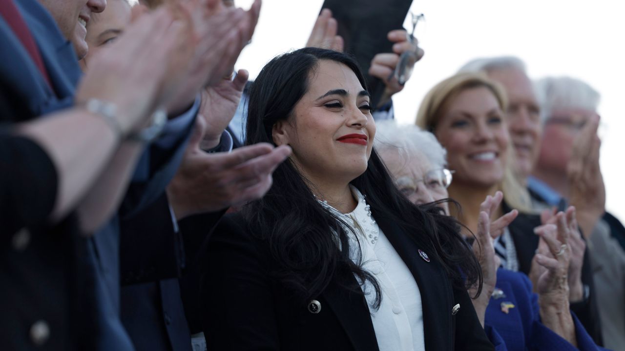 WASHINGTON, DC - JUNE 21:  U.S. Rep. Mayra Flores (R-TX) is applauded by House Republicans at a news conference after being sworn in at the Capitol Building on June 21, 2022 in Washington, DC. Flores was elected to fill the seat held by Democratic Rep. Filemon Vela, who resigned from office in March. She is the first Mexican-born woman elected to Congress.  