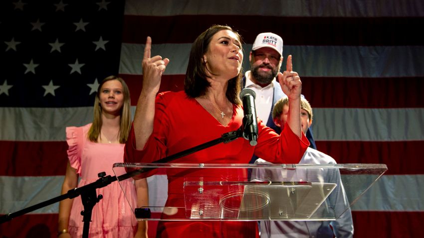 Republican U.S. Senate candidate Katie Britt speaks to supporters after securing the nomination during a runoff against Mo Brooks on Tuesday, June 21, 2022, in Montgomery, Ala. 