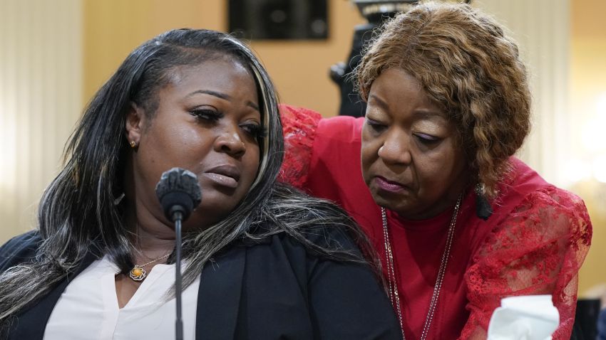 Wandrea "Shaye" Moss, a former Georgia election worker, is comforted by her mother Ruby Freeman, right, as the House select committee investigating the Jan. 6 attack on the U.S. Capitol continues to reveal its findings of a year-long investigation, at the Capitol in Washington, Tuesday, June 21, 2022.