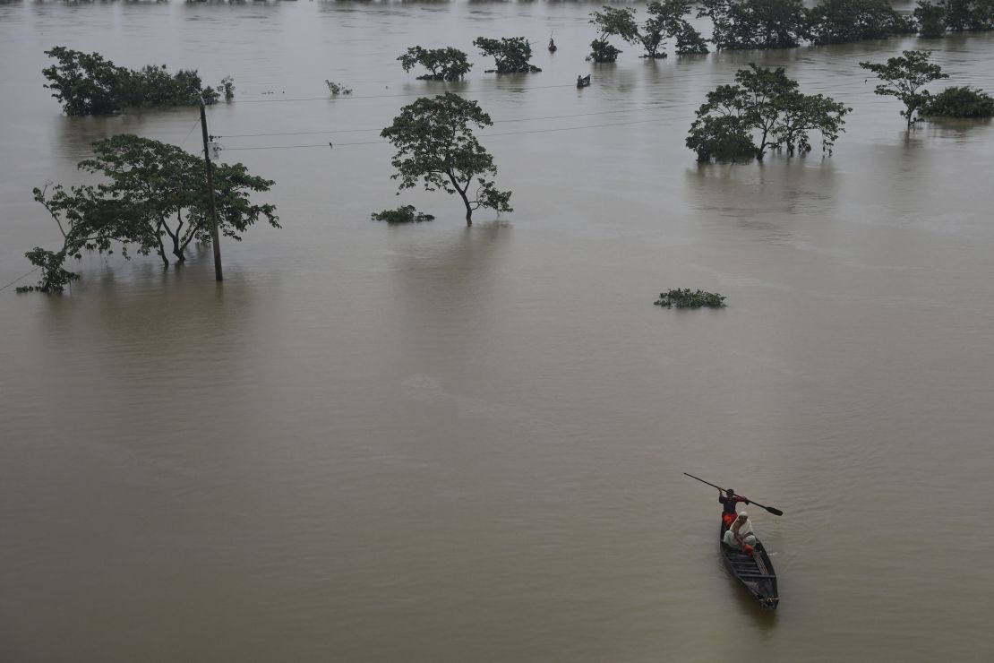 An aerial shot of a flooded area following heavy monsoon rainfalls in Companiganj, Bangladesh on June 20, 2022. 