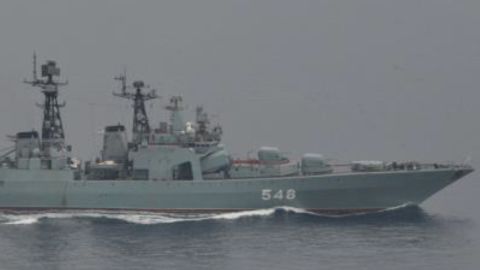 The Russian Navy destroyer Admiral Panteleyev is seen in this image released by Japan's Defense Ministry.