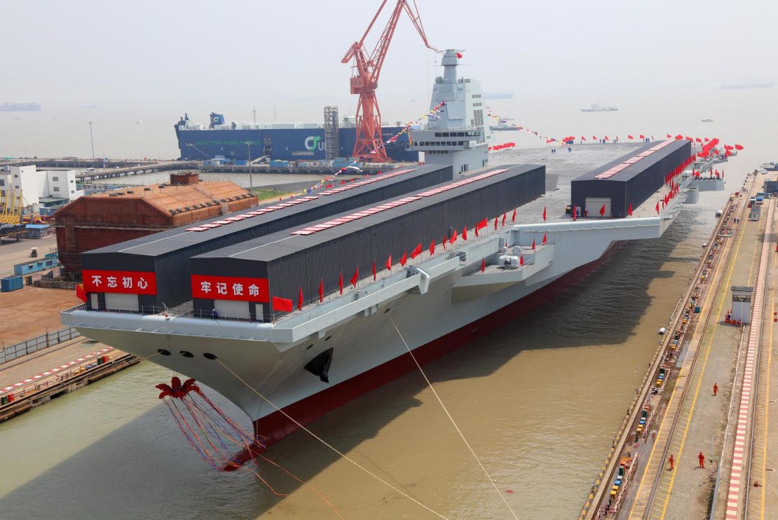 China's third aircraft carrier, the Fujian, at Jiangnan Shipyard on June 17.