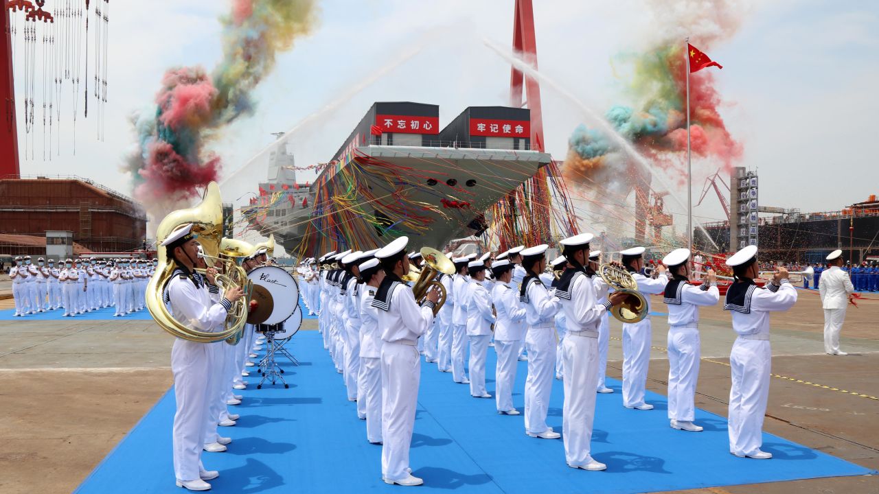 The launch ceremony for China's third aircraft carrier, the Fujian, at Jiangnan Shipyard in Shanghai, on June 17.