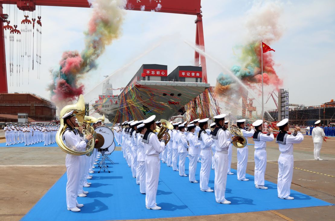 The launch ceremony for China's third aircraft carrier, the Fujian, at Jiangnan Shipyard in Shanghai, on June 17.