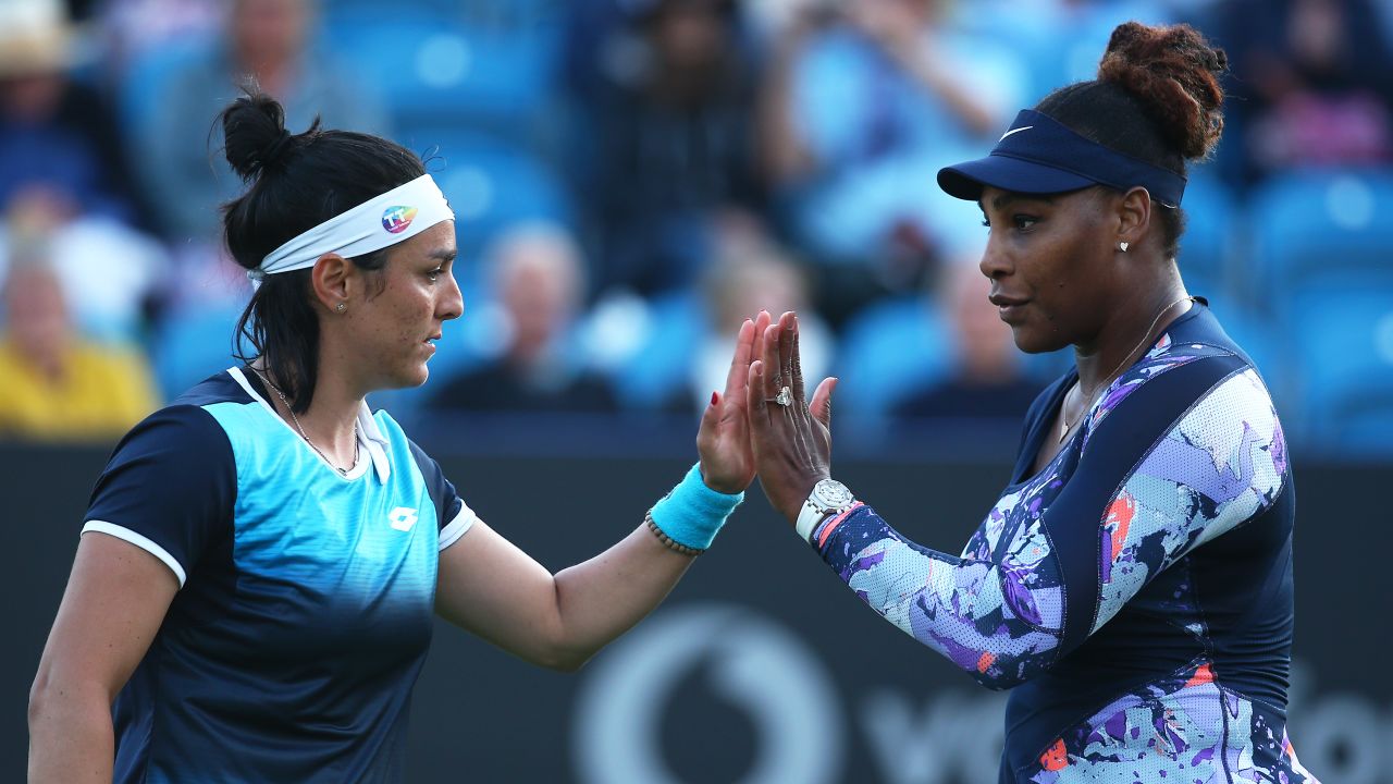 Serena Williams and Ons Jabeur won their first round doubles match in Williams' return to tennis.